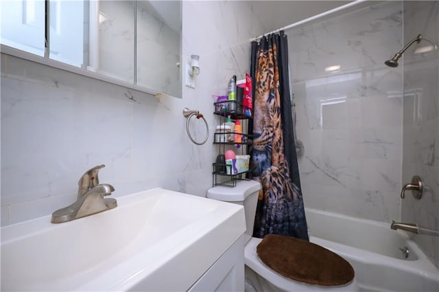 full bathroom with vanity, toilet, and shower / bathtub combination with curtain