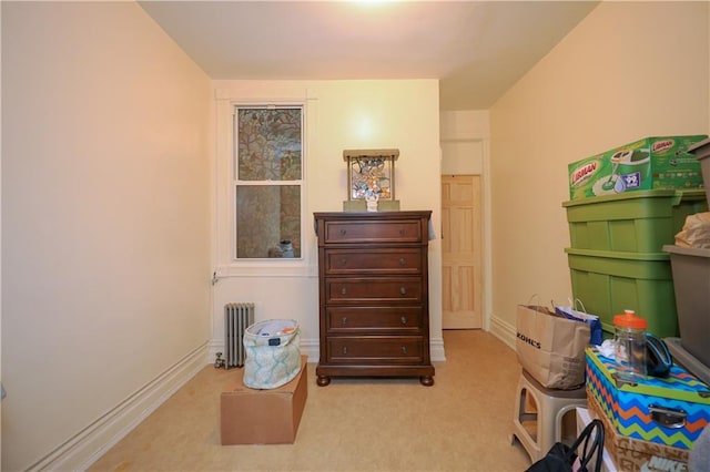 interior space with light colored carpet and radiator heating unit