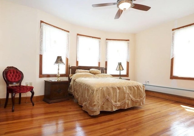 bedroom featuring ceiling fan and light hardwood / wood-style flooring