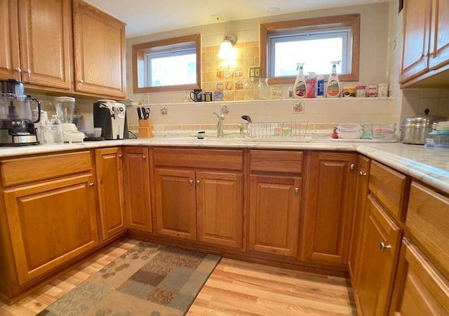 kitchen with backsplash, a wealth of natural light, sink, and light hardwood / wood-style flooring