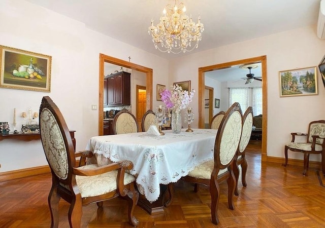 dining room with a wall mounted air conditioner, parquet floors, and ceiling fan with notable chandelier