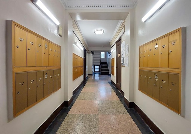 hallway with crown molding, a high ceiling, and a mail area