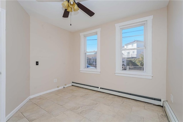 empty room with ceiling fan and baseboard heating