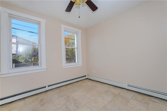 spare room with baseboard heating and ceiling fan