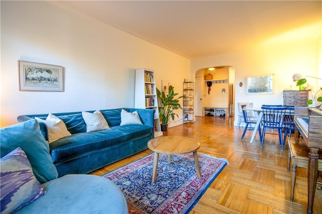 living room featuring light parquet flooring