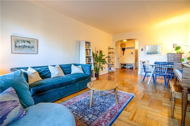 living room with light parquet floors