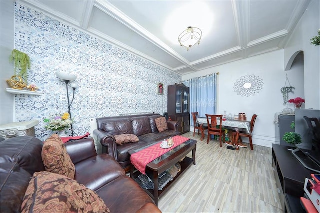 living room featuring light wood-type flooring, crown molding, and coffered ceiling