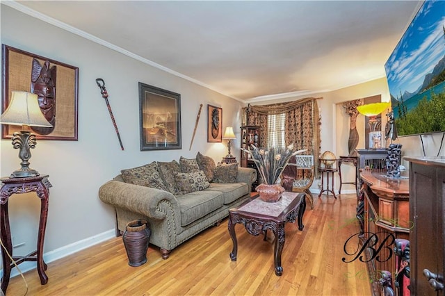 living room featuring crown molding and light wood-type flooring