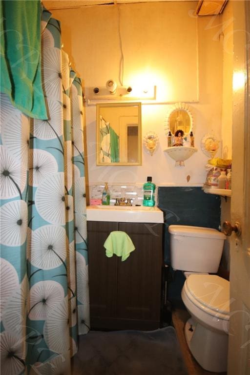 full bathroom with toilet, a shower with shower curtain, and vanity