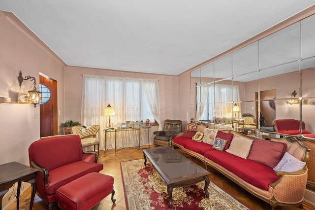 living room with light parquet floors