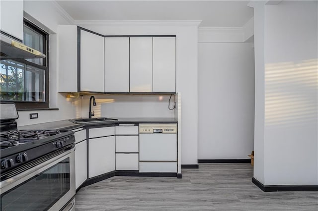 kitchen featuring white cabinets, stainless steel gas stove, sink, white dishwasher, and crown molding