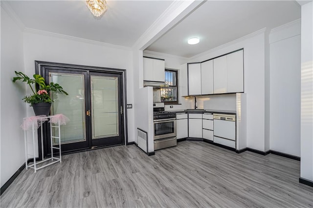 kitchen with stainless steel range oven, white cabinetry, crown molding, and dishwasher