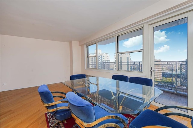 dining space with a wealth of natural light, a city view, and wood finished floors