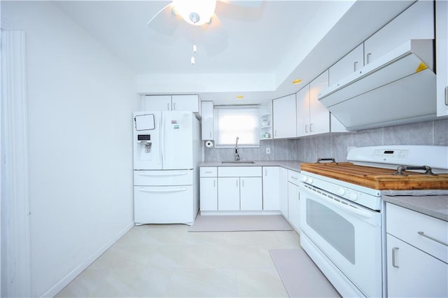 kitchen with white cabinetry, sink, ceiling fan, tasteful backsplash, and white appliances