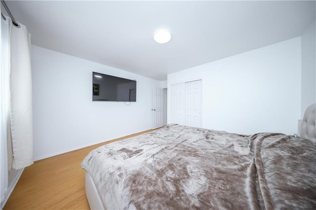 bedroom featuring wood-type flooring and a closet