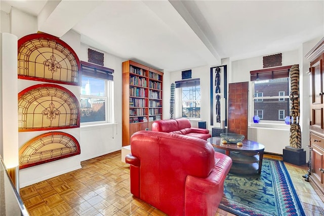 living room featuring parquet flooring