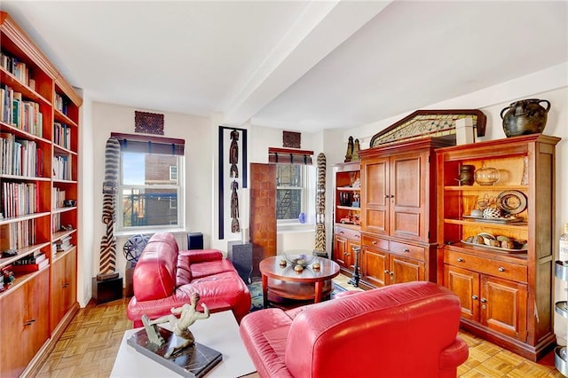 living room with light parquet floors