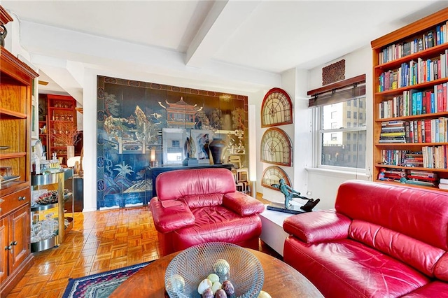 living area featuring parquet floors