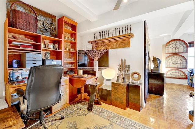 office area featuring beamed ceiling and light parquet flooring