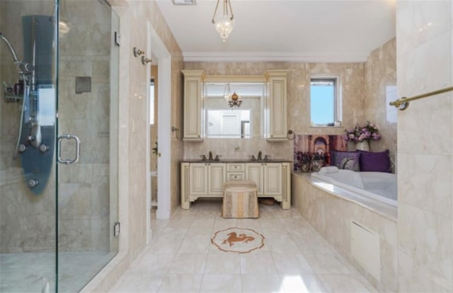 bathroom featuring vanity, shower with separate bathtub, and tile patterned flooring