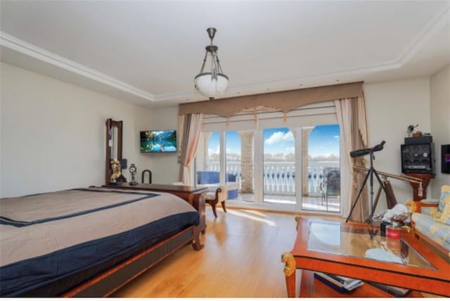 bedroom featuring hardwood / wood-style flooring and access to exterior