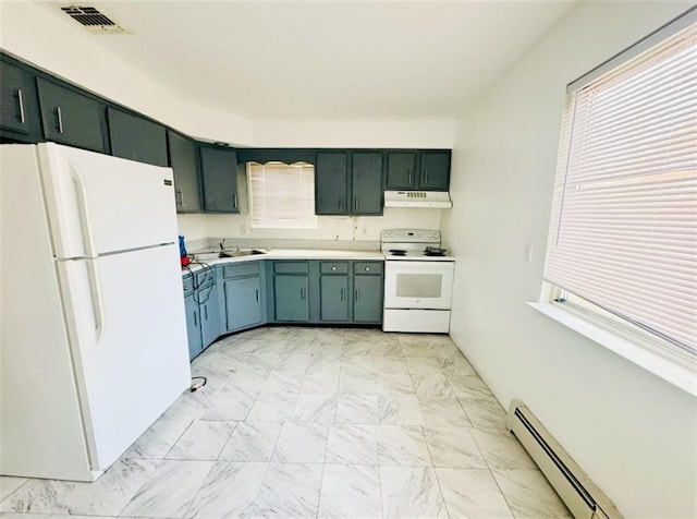 kitchen featuring baseboard heating, sink, and white appliances