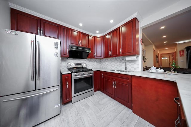 kitchen with ventilation hood, sink, ornamental molding, appliances with stainless steel finishes, and tasteful backsplash