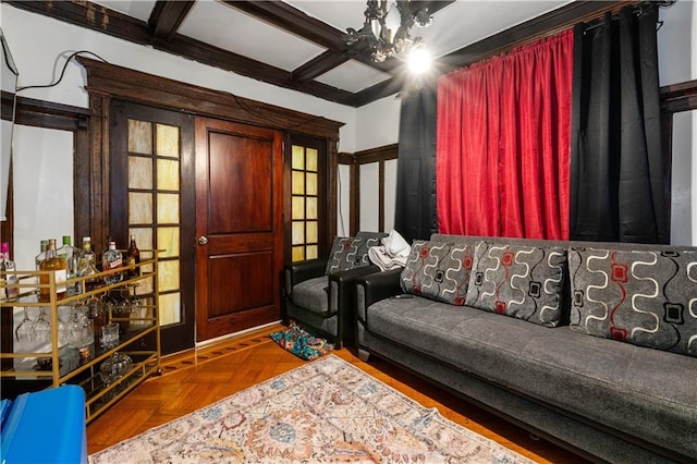 living room with parquet floors, coffered ceiling, and beamed ceiling