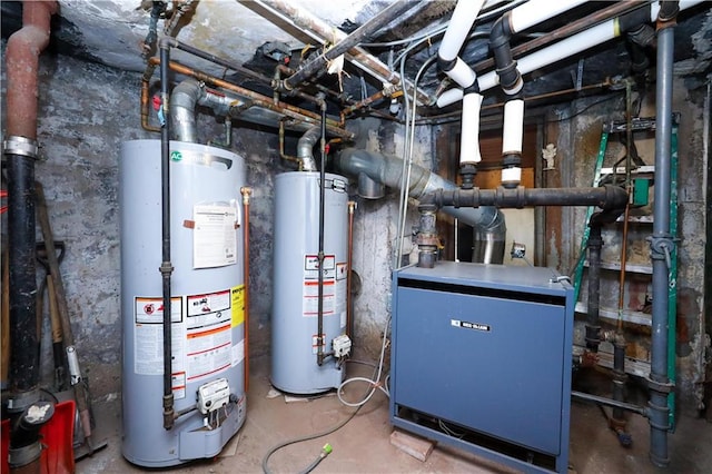 utility room featuring gas water heater and a heating unit