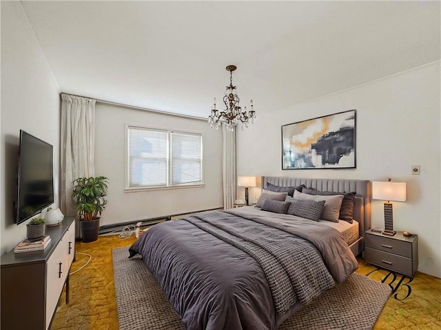 bedroom with light carpet, an inviting chandelier, and baseboard heating