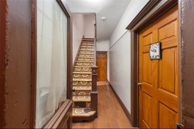 staircase featuring hardwood / wood-style flooring