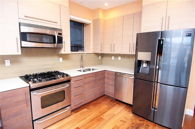 kitchen featuring backsplash, sink, stainless steel appliances, and light hardwood / wood-style floors