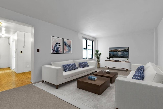 living room featuring light colored carpet