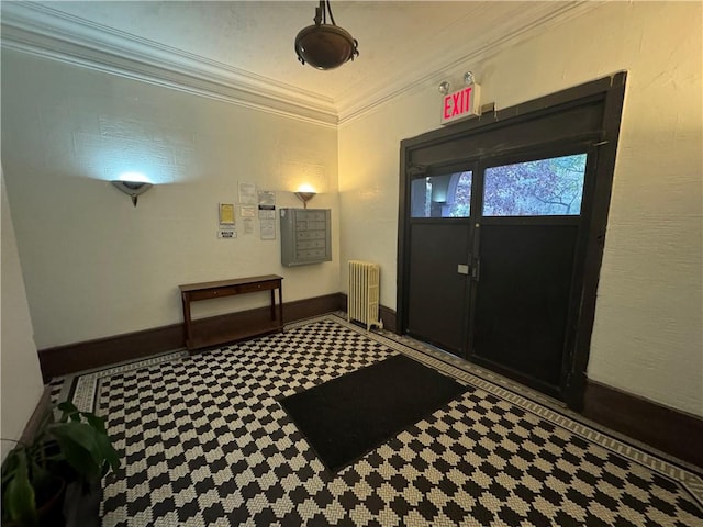 entryway with radiator and ornamental molding