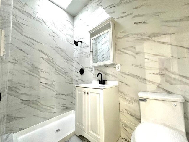 bathroom with tile walls, a shower stall, vanity, and toilet