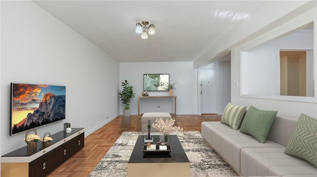 living room with parquet flooring