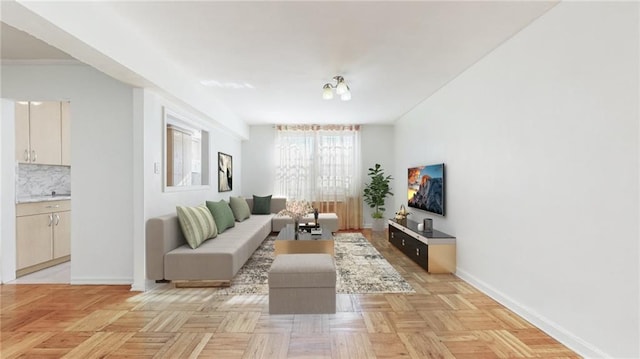 living room featuring baseboards