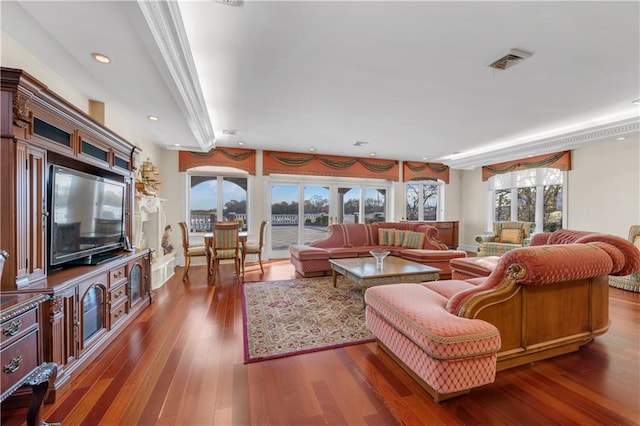 living room with dark hardwood / wood-style floors