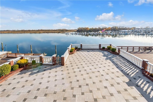 view of dock with a water view