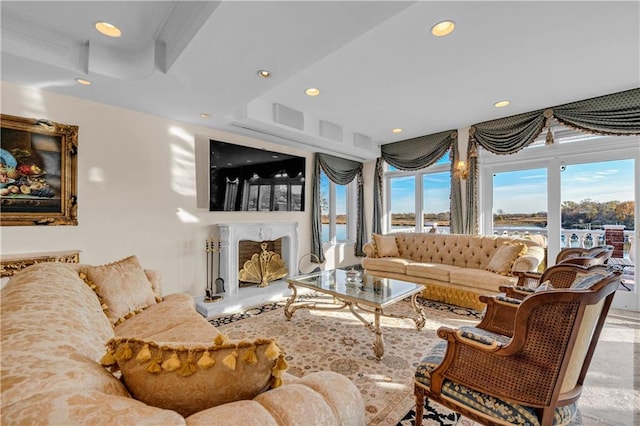 living room featuring a fireplace