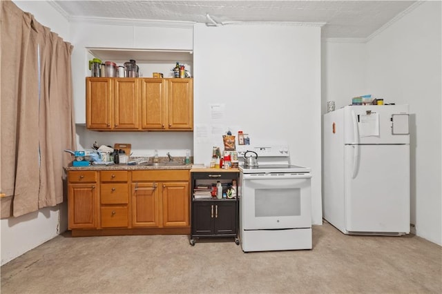 kitchen featuring light colored carpet, white appliances, and ornamental molding