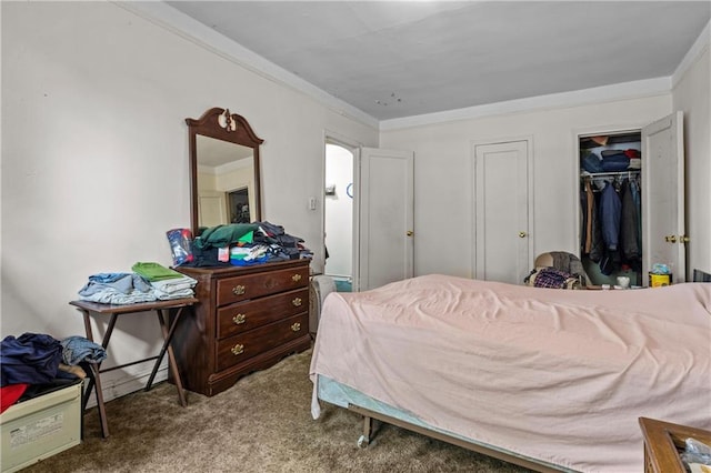 carpeted bedroom with ornamental molding and a closet