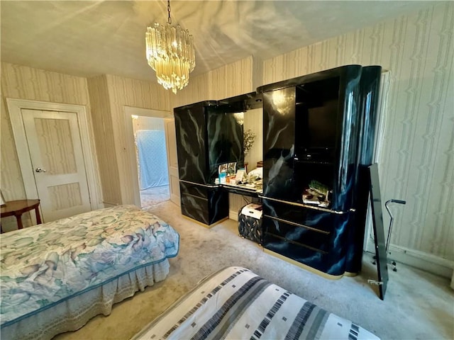 bedroom with carpet floors, a notable chandelier, and wood walls