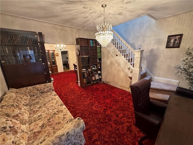 carpeted living room featuring an inviting chandelier