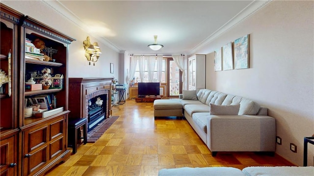 living room featuring light parquet flooring and ornamental molding