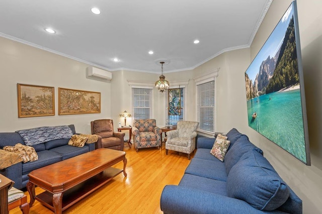 living room with light wood-style floors, recessed lighting, an AC wall unit, and crown molding