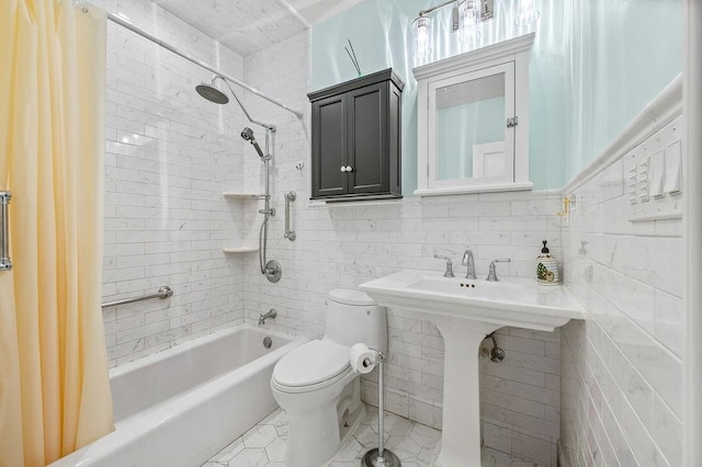 bathroom featuring backsplash, tile walls, toilet, and shower / tub combo