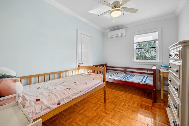 bedroom featuring ceiling fan, ornamental molding, parquet floors, and a wall mounted air conditioner