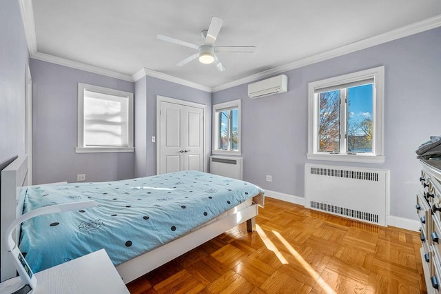 bedroom with ceiling fan, an AC wall unit, radiator heating unit, and ornamental molding