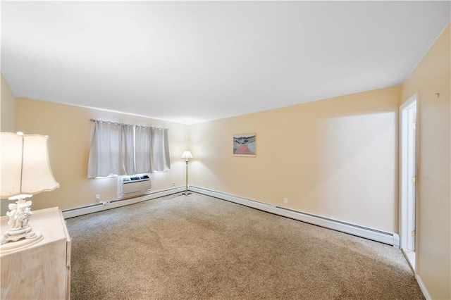 interior space featuring carpet, a baseboard heating unit, and a wall mounted air conditioner